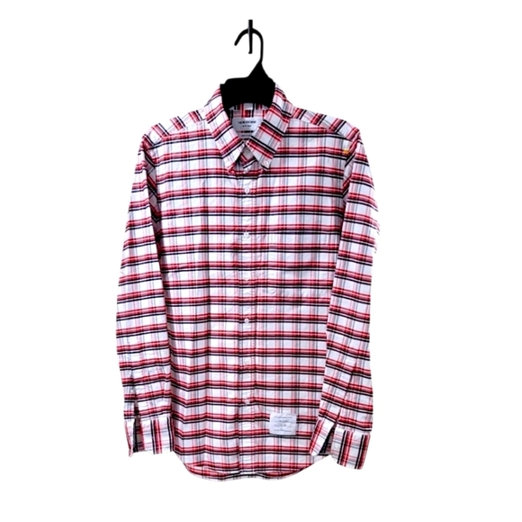 THOM BROWNE, RED WHITE BLACK PLAID SHIRT, SIZE 2 EUC - Picture 3 of 7